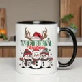 Detailed view of Christmas ceramic mug with cute snowman print, black and white design. - Style 12