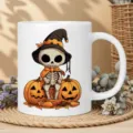 White ceramic coffee mug with cute Halloween skeleton and pumpkin design, perfect gift for autumn. - 350ml / White