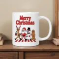 Christmas ceramic mug with cute Santa snowman reindeer cartoon graphic holiday gift coffee cup - White (Santa and Snowman Combo)