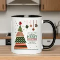 Christmas ceramic coffee mug with black handle, festive tree graphic holiday gift cup. - Style 10