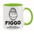Ceramic coffee mug detail showing green handle and humorous gesture graphic with bold text. - 350ml / Green