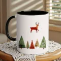 Christmas ceramic coffee mug with black handle, festive deer and trees design for holiday gifts. - Style 08