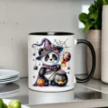 Halloween Keramik Kaffeetasse mit süßem Panda Hexe Design und praktischem schwarzem Henkel. - 350ml / Schwarz Weiß