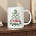 Vista dettagliata della tazza da caffè natalizia in ceramica bianca con albero di Natale. - Stile Tipografia di Frasi a Forma di Albero / 350ml Confezione Singola