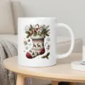Close-up view of a white ceramic coffee mug featuring festive Christmas stocking and reindeer print. - White (Christmas Stocking and Deer)