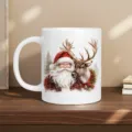Christmas ceramic mug detail showing Santa Claus and reindeer cartoon print, perfect for holiday gifts. - White (Deer and Tree Print)
