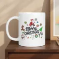 Christmas ceramic mug with cute Santa and reindeer cartoon print, perfect holiday gift cup. - White (Christmas Tree Friends)