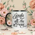 Ceramic Christmas coffee mug with black handle and holiday jingle text design for hot drinks. - Style 03