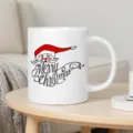 Close-up view of a white ceramic coffee mug featuring festive Santa Claus graphics and script text. - White (Santa Claus Avatar)
