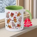 Christmas ceramic coffee mug with cute gingerbread man pattern green handle and festive tree tag. - 350ml / Green