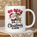Christmas ceramic coffee mug with cute Santa and reindeer print, white holiday cup for drinks. - 350ml / White