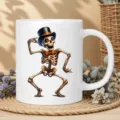 Close-up detail shot of a white ceramic coffee mug featuring a festive dancing skeleton design. - 350ml / White