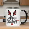 Weihnachts Rentier Keramik Kaffeetasse mit rotem Karo Geweih und Festtags Deko. - 350ml / Schwarzer Rand und Griff Stil (02)