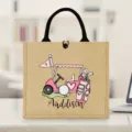 Gepersonaliseerde jute shopper met golf motief, roze golfkar canvas handtas cadeau. - Golf Gedrukte Stijl