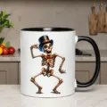 Ceramic coffee mug detail showing cute dancing skeleton design with black handle and interior. - 350ml / Black & White Patchwork