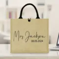 Detailed shot of personalized jute burlap tote bag with custom name print, ideal for beach. - Natural Hemp