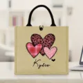 Custom jute tote bag detail featuring heart prints and personalized Kylie name design. - Heart Pattern / Hemp Color