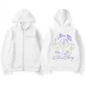 Vintage white zip hoodie for women and men, featuring trendy Katseye graphics and slogan. - S / Tops / White