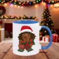Detailed view of Christmas themed ceramic mug showcasing cute holiday art and blue handle. - 350ml / Blue