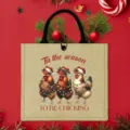 Christmas chicken burlap tote bag, durable jute handbag for holiday shopping and parties. - Christmas Rooster Style / Khaki