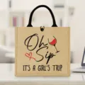 Sac cabas en jute chic avec impression verre de vin voyage entre filles, solide et tendance. - Style 1