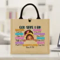 Motivational black girl burlap tote bag with inspirational bible quotes for daily shopping travel. - Black Girl Printed Style (1)
