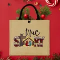 Jute Christmas tote bag with Nativity scene print, durable shopping bag for holidays and travel. - Christmas Print