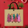 Christmas tree burlap tote bag detail shot showing festive print and sturdy black handles. - Christmas Tree Printed Style