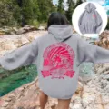 Oversized grey hoodie for women with sunset surf back print and comfortable drop shoulder. - XS / Tops / Light Gray