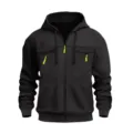 Men's Black Zip-Up Hooded Sweatshirt Casual Workwear Jacket with Neon Details - S / Tops / Black