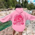 Pink oversized drop-shoulder graphic hoodie with back print, comfortable casual streetwear style. - XS / Tops / Pink