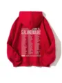 Red fleece hoodie featuring back graphic text and smiley print, comfortable streetwear style. - Red
