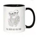 Gothic skeleton couple ceramic coffee mug, black and white design, romantic Halloween gift cup. - Heart Handle Style / Color Block Style