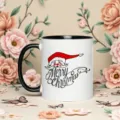 White ceramic coffee mug with black handle, featuring a festive Santa Claus design and script text. - 350ml / Black Handle Black Inner Style (2) / Black and White Patchwork