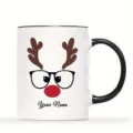 Tasse à café de Noël renne personnalisée avec nom et joli design de lunettes de fête. - 350ml / Blanc