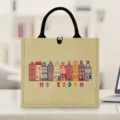 Canvas jute tote bag with Amsterdam city print, casual fashion handbag for travel and daily use. - Amsterdam Print (1) / Natural Hemp
