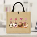 Valentine day jute handbag with cute farm chicken print and heart balloons for gifts - Farm Chicken Heart Print Style
