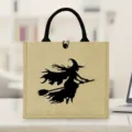 Stylish Halloween witch burlap tote bag, durable jute shopping handbag for daily use. - Witch Print Style