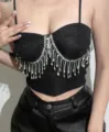 Top corto brillante con flecos de estrás, elegante bustier negro para mujer verano. - S / Tops / Negro puro