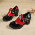 Women Chunky Heel Colorblock Floral Floral Buckle Pumps Variant Black Red Heels Fashion Shoes Style - 38 / Chunky Heel Pumps (SX-10) / Floral Red