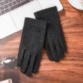 Dark grey winter warm gloves for men and women, thickened fleece touchscreen knit gloves. - Second-line deer mark-imitation green sheep leather black / One Size