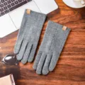 Winter warm knitted touchscreen gloves for men and women in stylish gray with three-line design. - Lgc standard - imitation suede grey / One Size