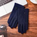 Winter warm knit touch screen gloves for women and men, navy blue fleece lined outdoor wear. - Single-strand double loop - imitation qingyang niblue / One Size