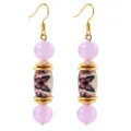 Elegant long hook earrings featuring pastel purple beads and butterfly print ceramic cylinder charms. - Purple Butterfly Earrings / Purple