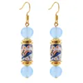 Chic long dangling earrings featuring blue translucent beads and bird floral ceramic cylinder. - Blue Bird Earrings / Blue
