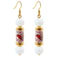 Elegant gold-tone long hook earrings featuring white beads and red bird floral ceramic print - Pink Bird Earrings