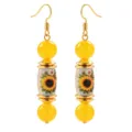 Long dangle earrings featuring vibrant yellow round beads and sunflower floral cylinder charms. - Sunflower Earrings