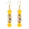Gold bee drop earrings with yellow beads, vintage style ceramic floral jewelry for women. - Yellow Bee Earrings