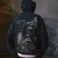 Detail view of black fleece hoodie back print graphic religious streetwear apparel - S / Black-Logo