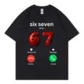 Black cotton short-sleeve t-shirt featuring a funny six seven calling meme graphic print. - S / Black